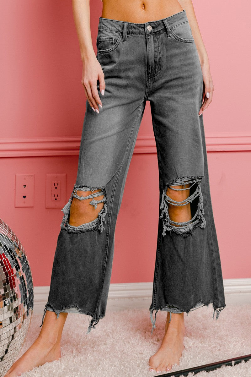 DISTRESSED VINTAGE WASHED WIDE LEG PANTS