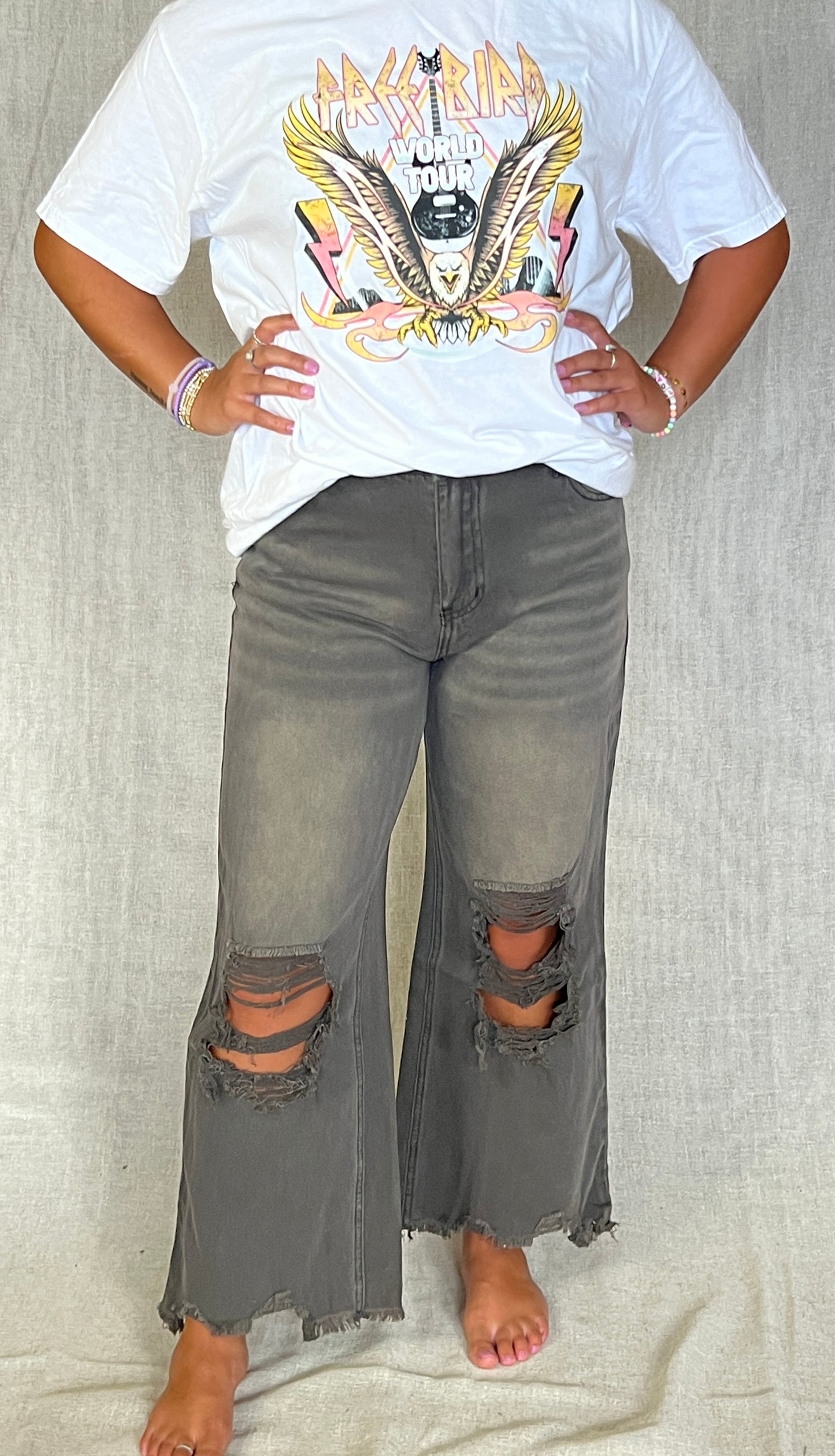 DISTRESSED VINTAGE WASHED WIDE LEG PANTS